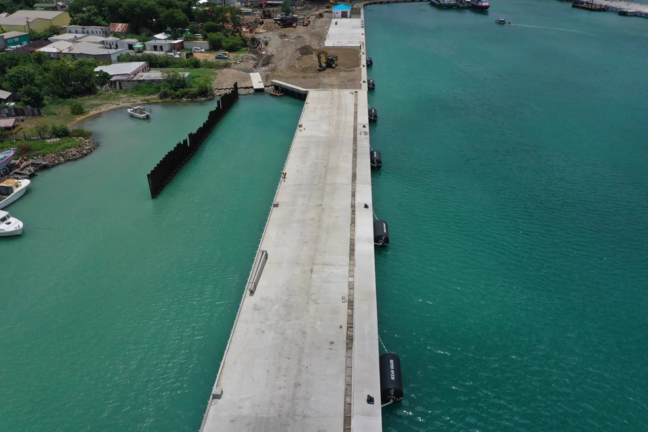 Aerial view of completed marine berth works in Antigua