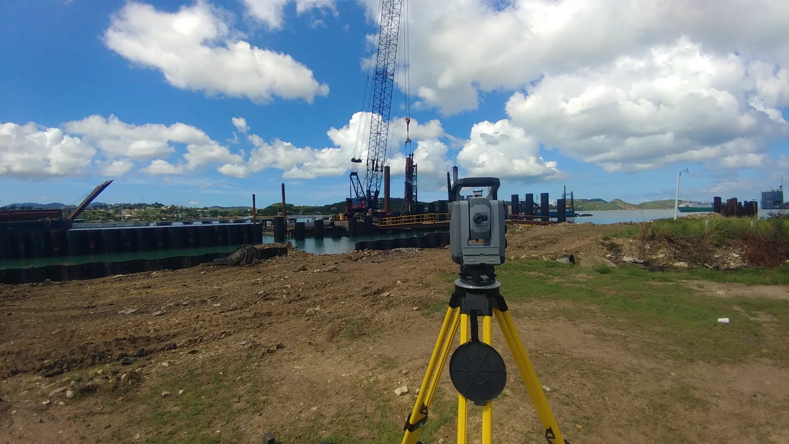 Total station set up for survey work at the Antigua cruise port