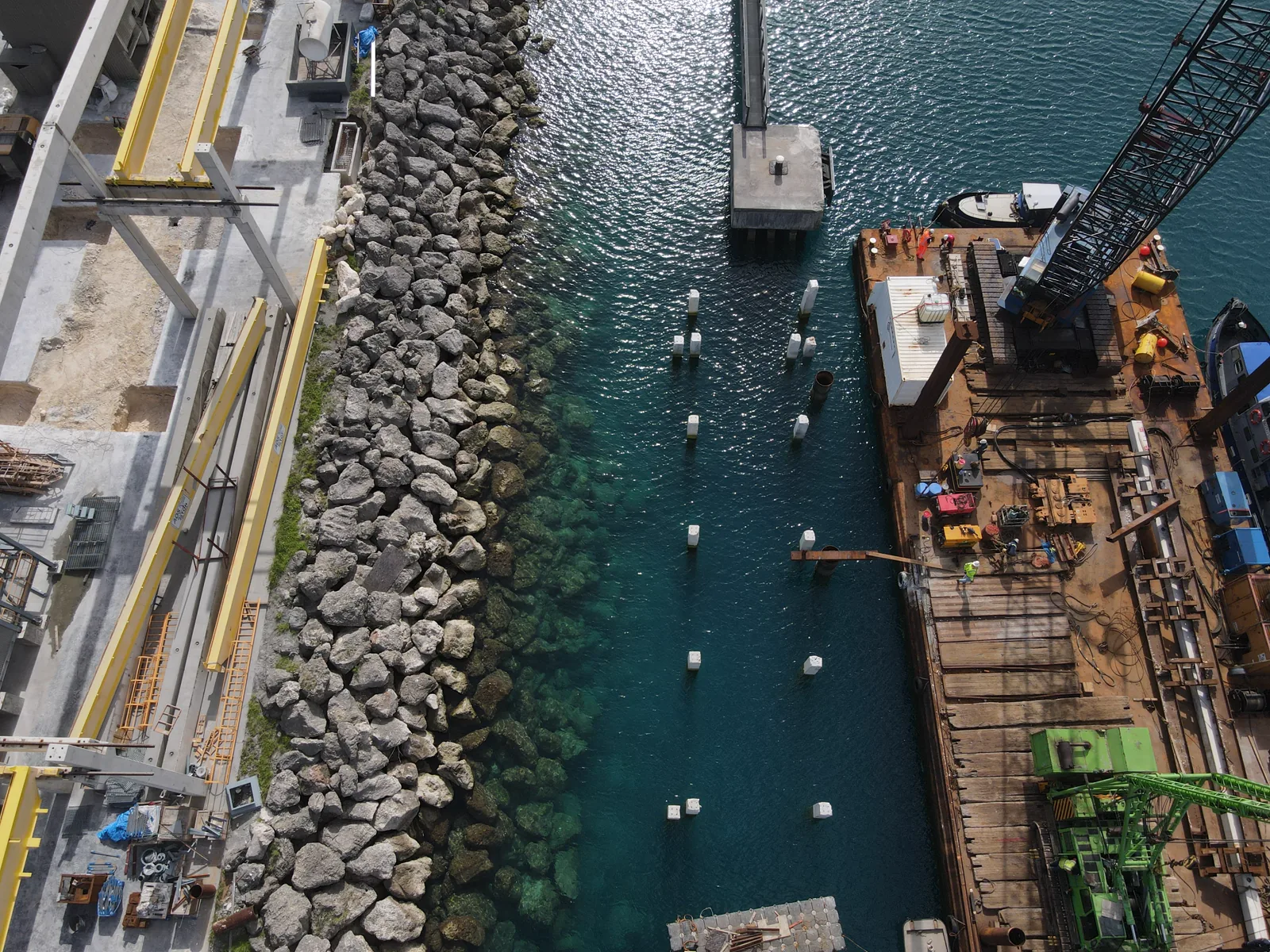 Aerial view of the Rock Hard berth extension over turquoise water in Barbados